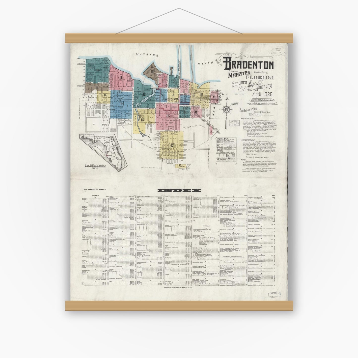 Old map wall art mockup — magnetic wood frame on white wall — Sanborn Fire Insurance Map from Bradentown, Manatee County, Florida (1926) - Complete Map Set