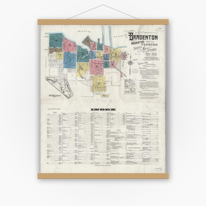 Old map wall art mockup — magnetic wood frame on white wall — Sanborn Fire Insurance Map from Bradentown, Manatee County, Florida (1926) - Complete Map Set