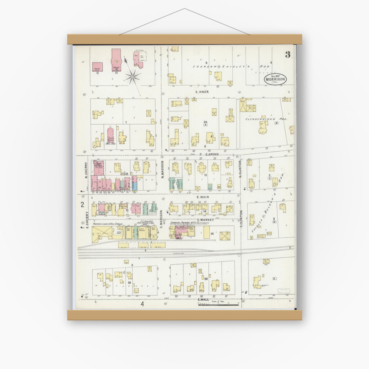 Old map wall art mockup — magnetic wood frame on white wall — Sanborn Fire Insurance Map from Morrison, Whiteside County, Illinois (1897), Sheet #0003