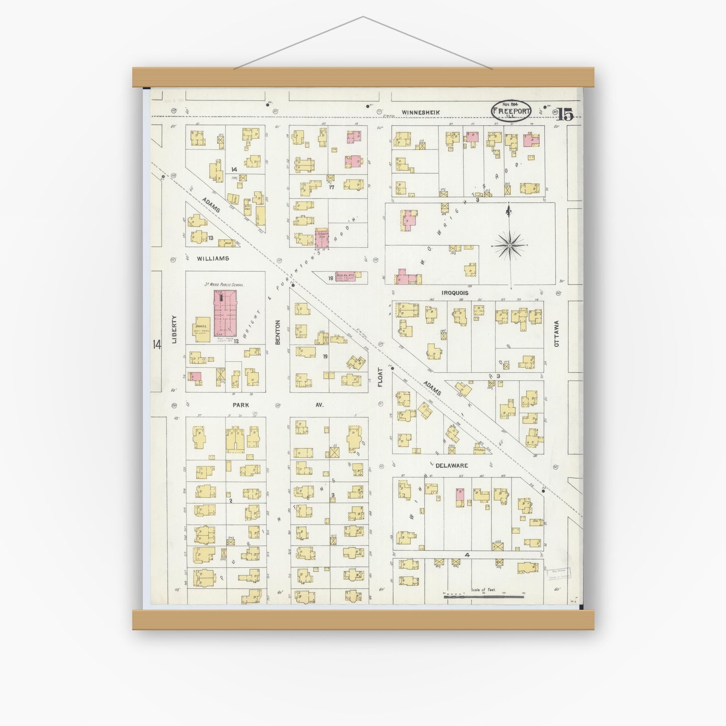 Old map wall art mockup — magnetic wood frame on white wall — Sanborn Fire Insurance Map from Freeport, Stephenson County, Illinois (1904), Sheet #0015