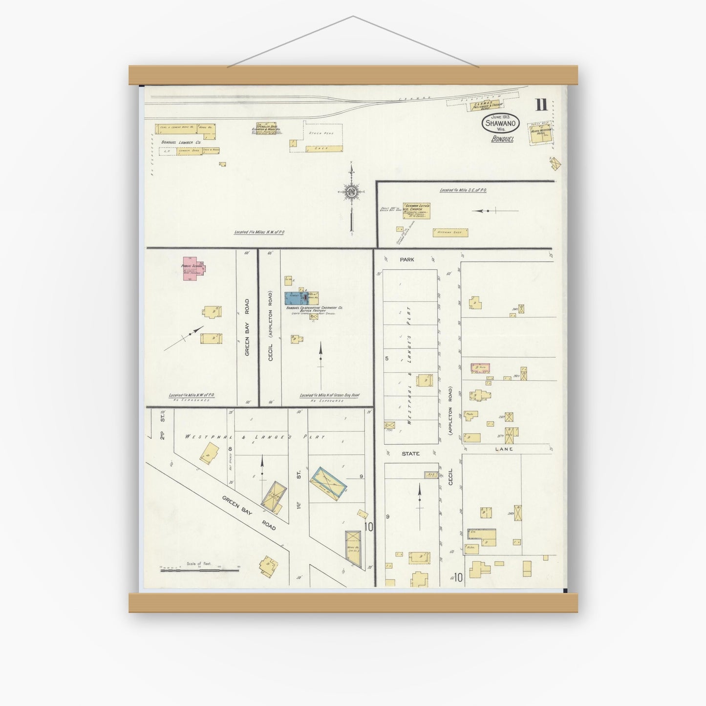 Old map wall art mockup — magnetic wood frame on white wall — Sanborn Fire Insurance Map from Shawano, Shawano County, Wisconsin (1913), Sheet #0011