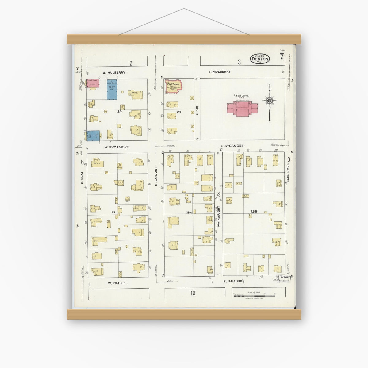 Old map wall art mockup — magnetic wood frame on white wall — Sanborn Fire Insurance Map from Denton, Denton County, Texas (1921), Sheet #0007
