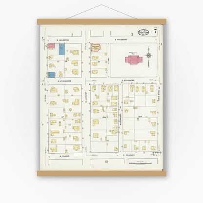 Old map wall art mockup — magnetic wood frame on white wall — Sanborn Fire Insurance Map from Denton, Denton County, Texas (1921), Sheet #0007