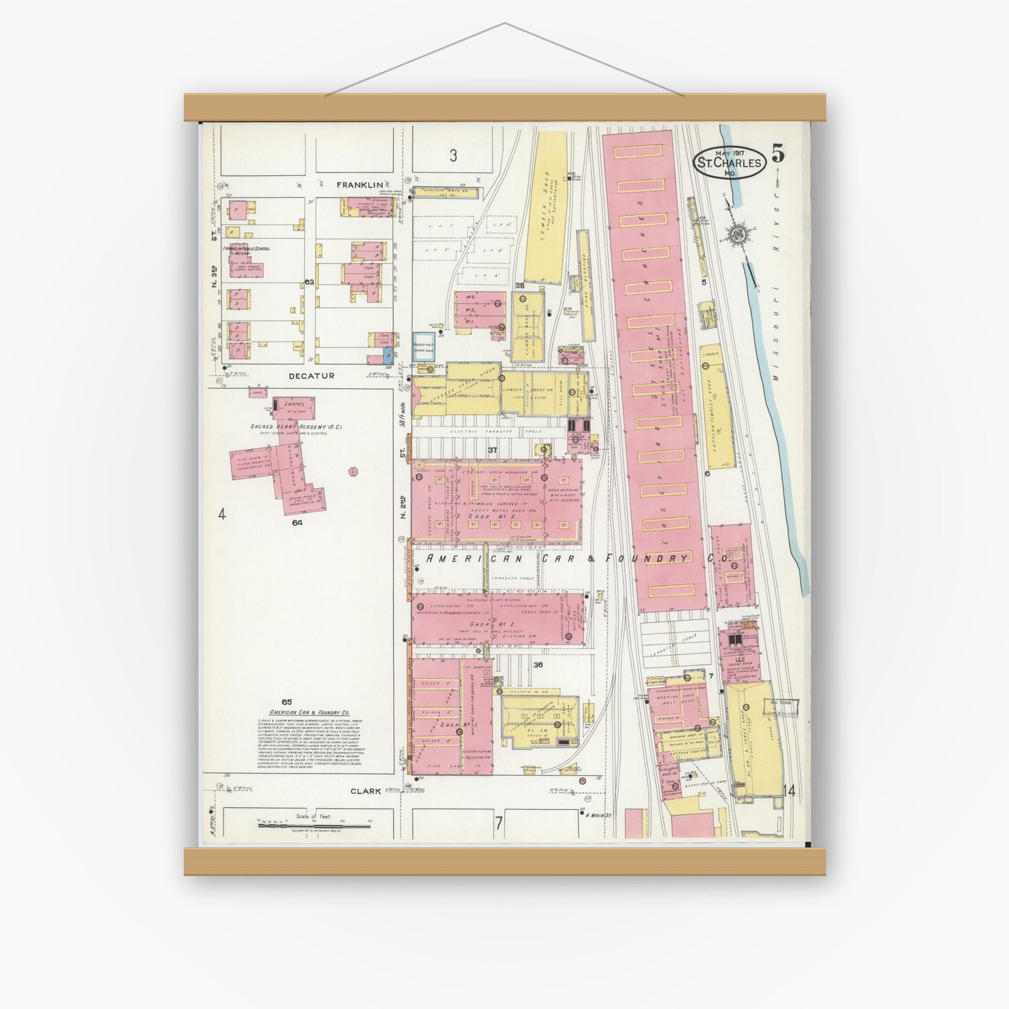 Old map wall art mockup — magnetic wood frame on white wall — Sanborn Fire Insurance Map from Saint Charles, Saint Charles County, Missouri (1917), Sheet #0005