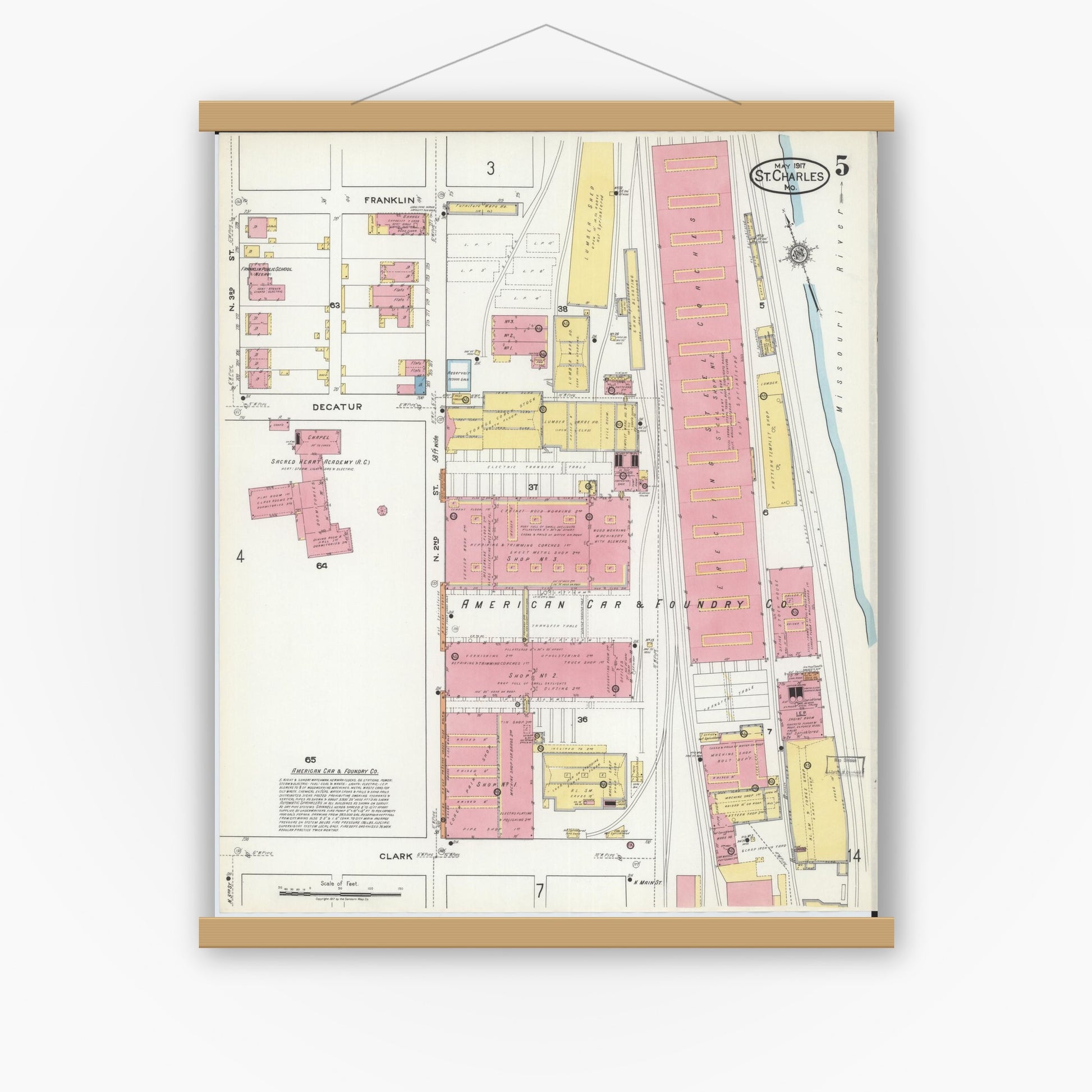 Old map wall art mockup — magnetic wood frame on white wall — Sanborn Fire Insurance Map from Saint Charles, Saint Charles County, Missouri (1917), Sheet #0005