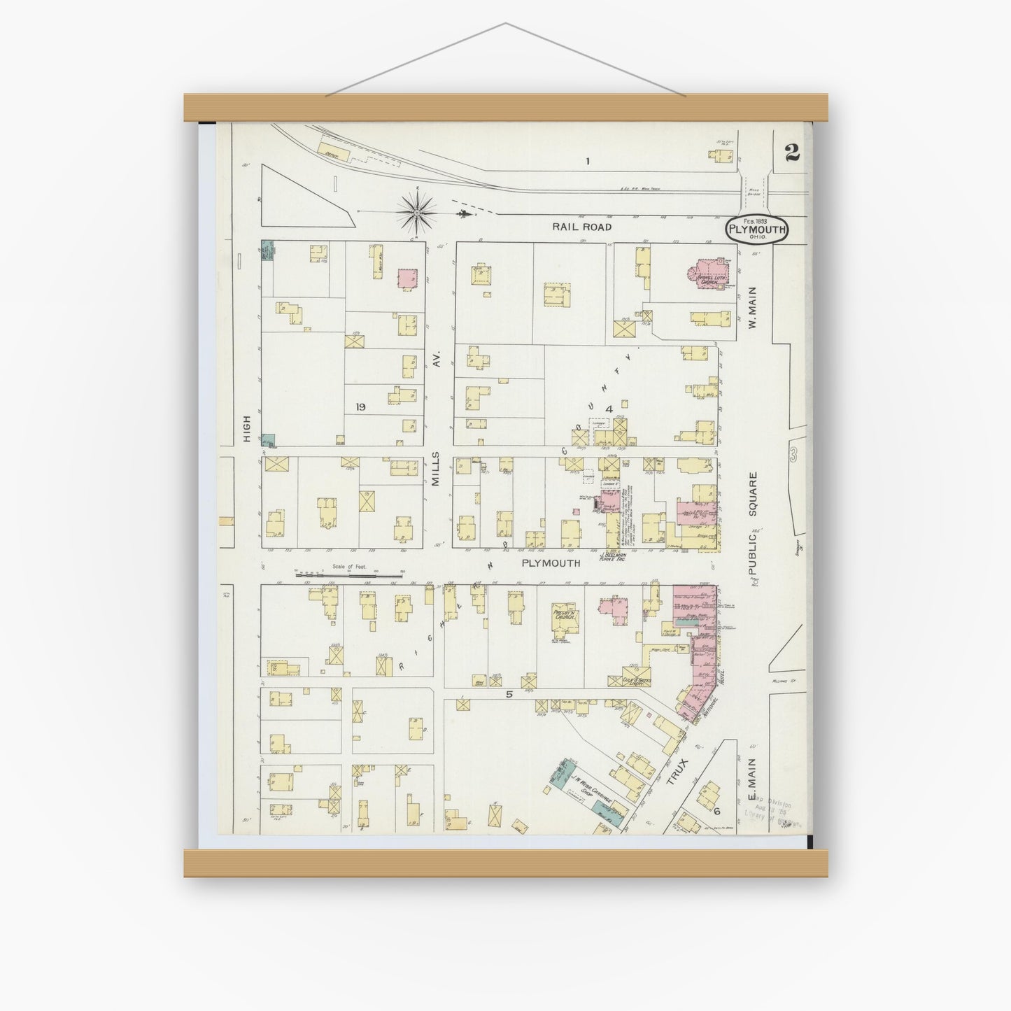 Old map wall art mockup — magnetic wood frame on white wall — Sanborn Fire Insurance Map from Plymouth, Huron And Richland Counties, Ohio (1893), Sheet #0002
