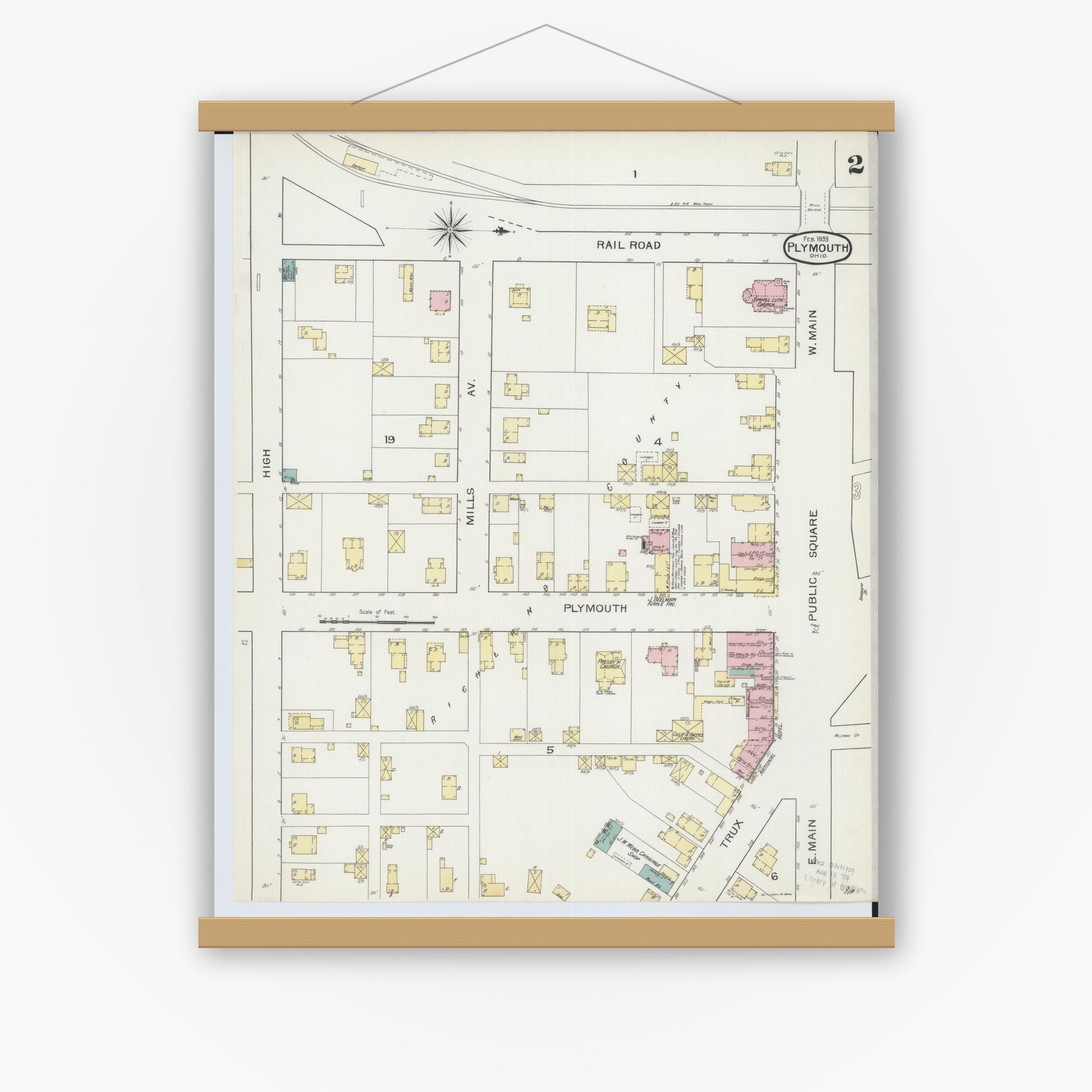 Old map wall art mockup — magnetic wood frame on white wall — Sanborn Fire Insurance Map from Plymouth, Huron And Richland Counties, Ohio (1893), Sheet #0002
