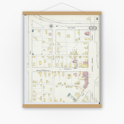 Old map wall art mockup — magnetic wood frame on white wall — Sanborn Fire Insurance Map from Plymouth, Huron And Richland Counties, Ohio (1893), Sheet #0002