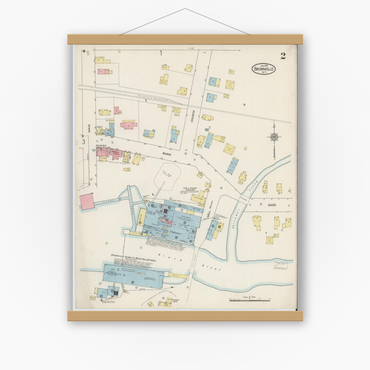 Old map wall art mockup — magnetic wood frame on white wall — Sanborn Fire Insurance Map from Brownville, Jefferson County, New York (1915), Sheet #0002