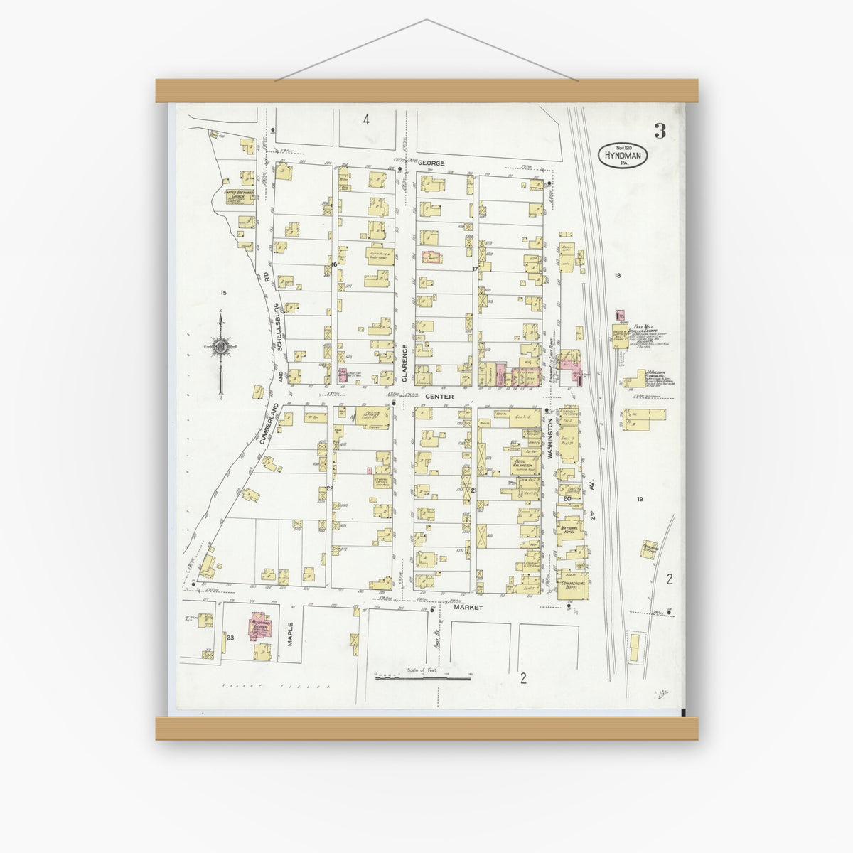 Old map wall art mockup — magnetic wood frame on white wall — Sanborn Fire Insurance Map from Hyndman, Bedford County, Pennsylvania (1910), Sheet #0003