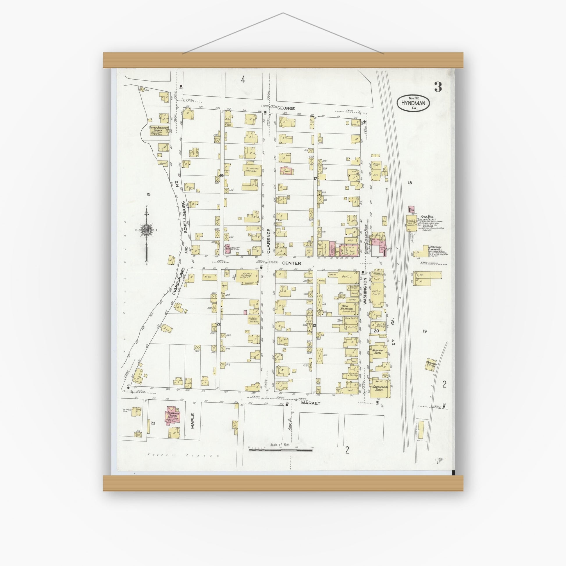 Old map wall art mockup — magnetic wood frame on white wall — Sanborn Fire Insurance Map from Hyndman, Bedford County, Pennsylvania (1910), Sheet #0003
