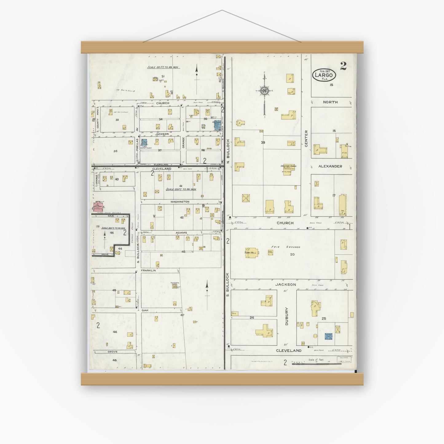 Old map wall art mockup — magnetic wood frame on white wall — Sanborn Fire Insurance Map from Largo, Pinellas County, Florida (1917), Sheet #0002