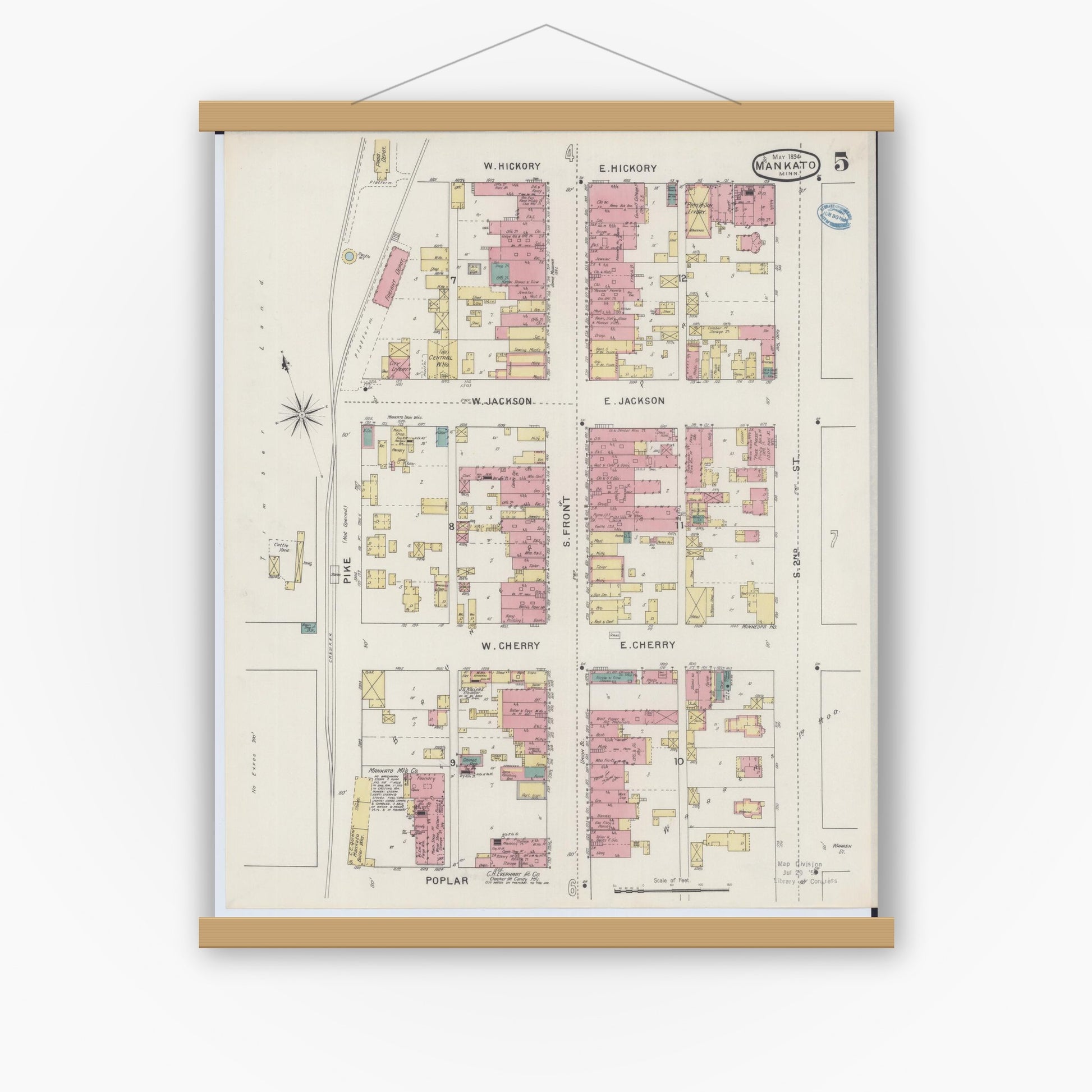 Old map wall art mockup — magnetic wood frame on white wall — Sanborn Fire Insurance Map from Mankato, Blue Earth County, Minnesota (1894), Sheet #0005