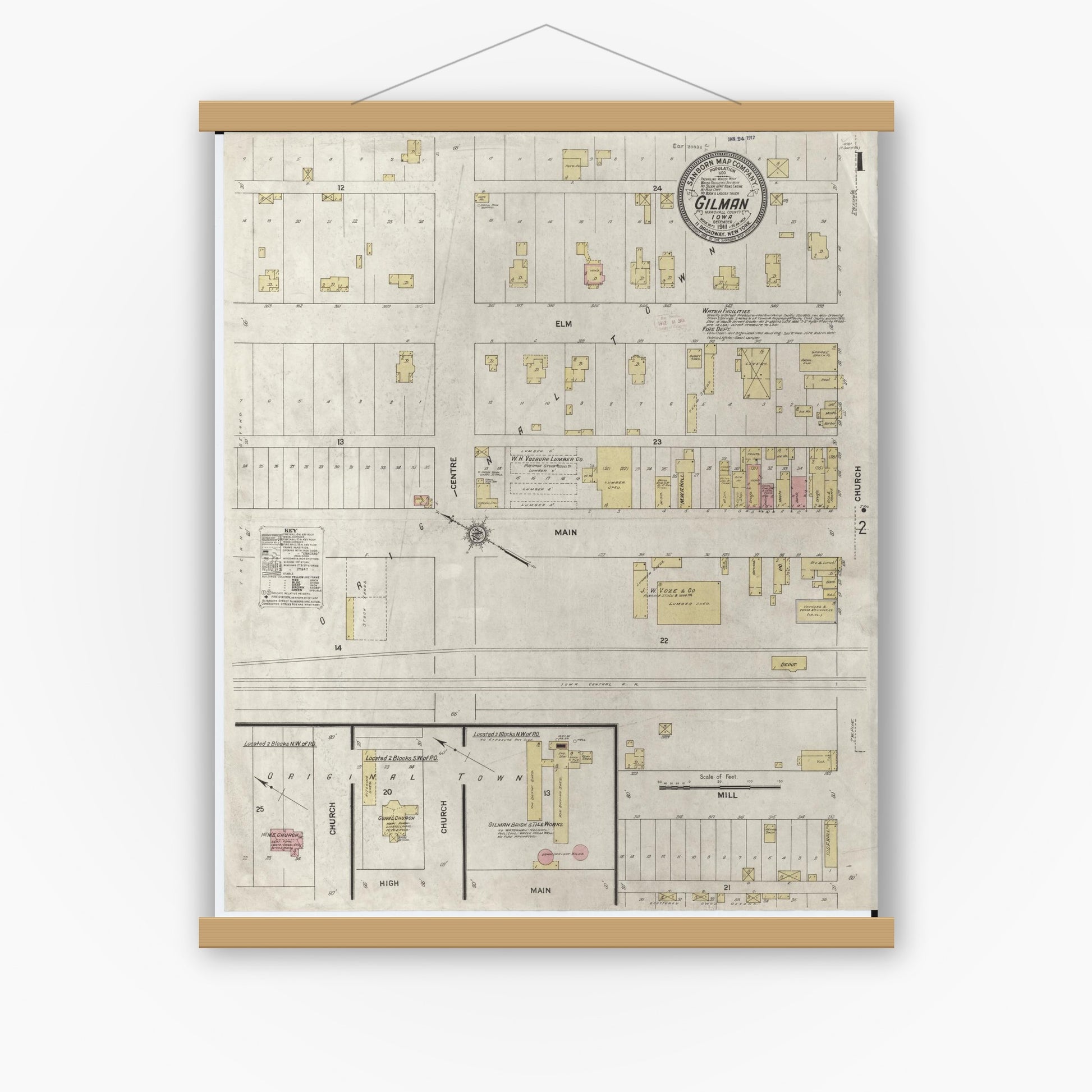 Old map wall art mockup — magnetic wood frame on white wall — Sanborn Fire Insurance Map from Gilman, Marshall County, Iowa (1911) â€” Complete Set