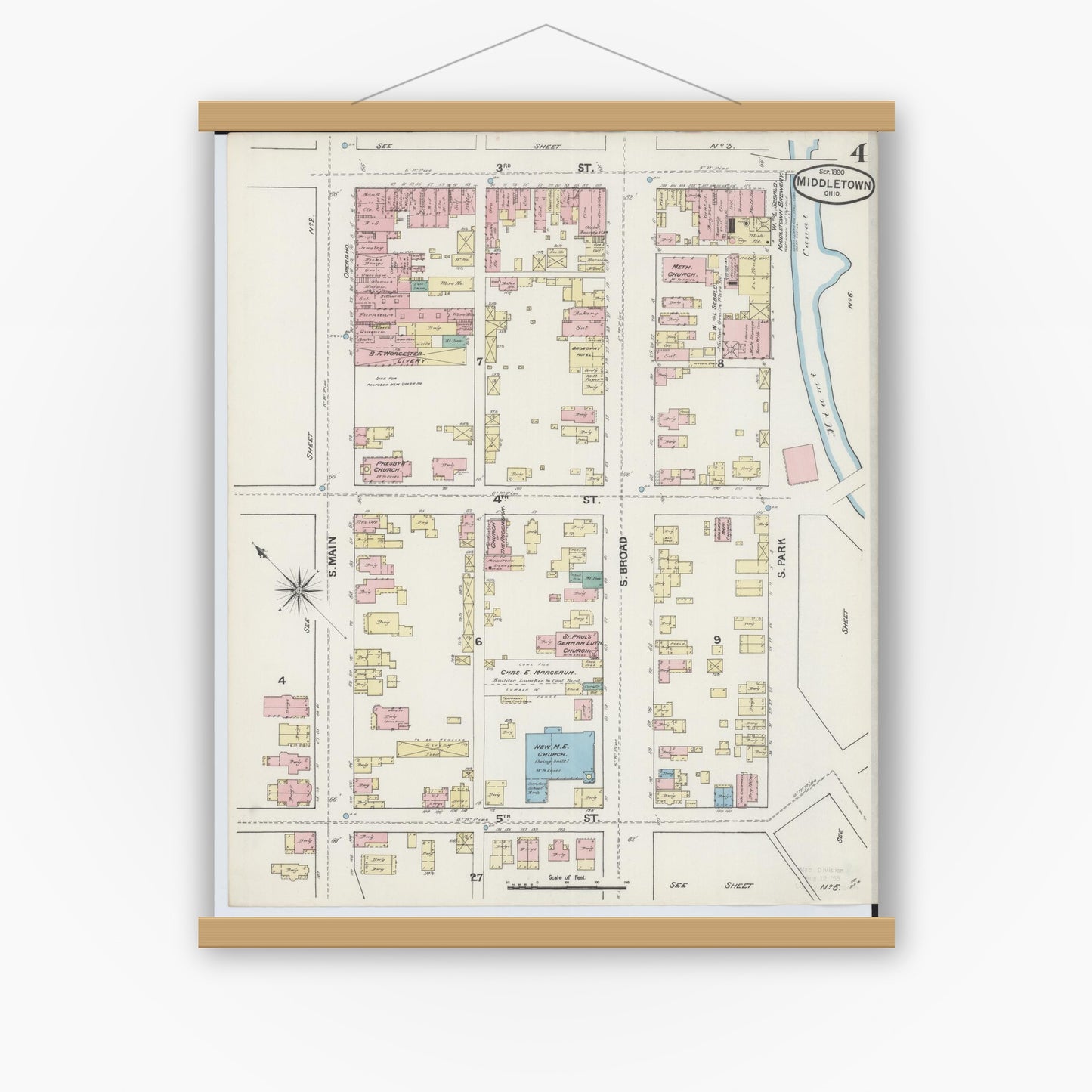 Old map wall art mockup — magnetic wood frame on white wall — Sanborn Fire Insurance Map from Middletown, Butler County, Ohio (1890), Sheet #0004