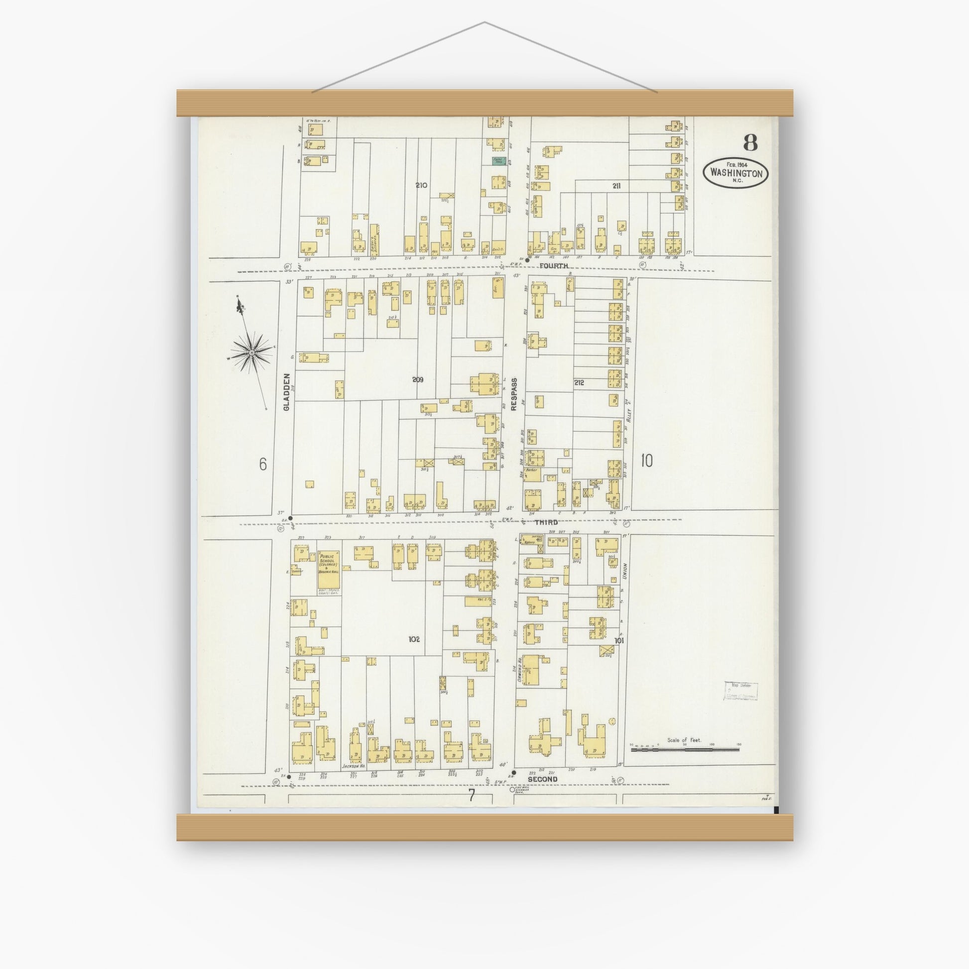 Old map wall art mockup — magnetic wood frame on white wall — Sanborn Fire Insurance Map from Washington, Beaufort County, North Carolina (1904), Sheet #0008