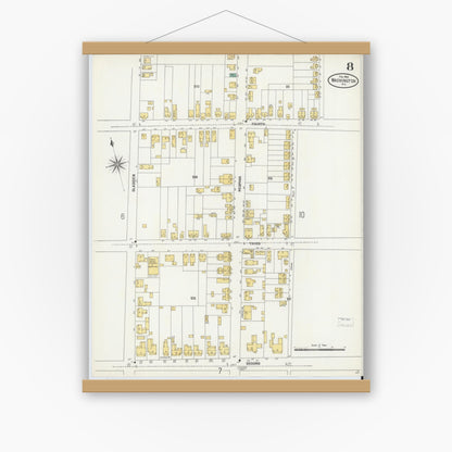 Old map wall art mockup — magnetic wood frame on white wall — Sanborn Fire Insurance Map from Washington, Beaufort County, North Carolina (1904), Sheet #0008