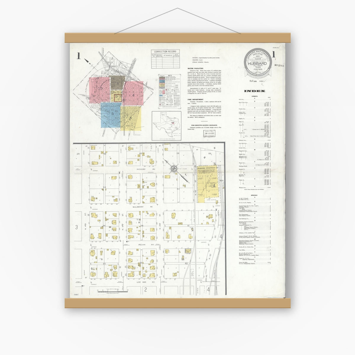 Old map wall art mockup — magnetic wood frame on white wall — Sanborn Fire Insurance Map from Hubbard, Hill County, Texas (1935) - Complete Map Set