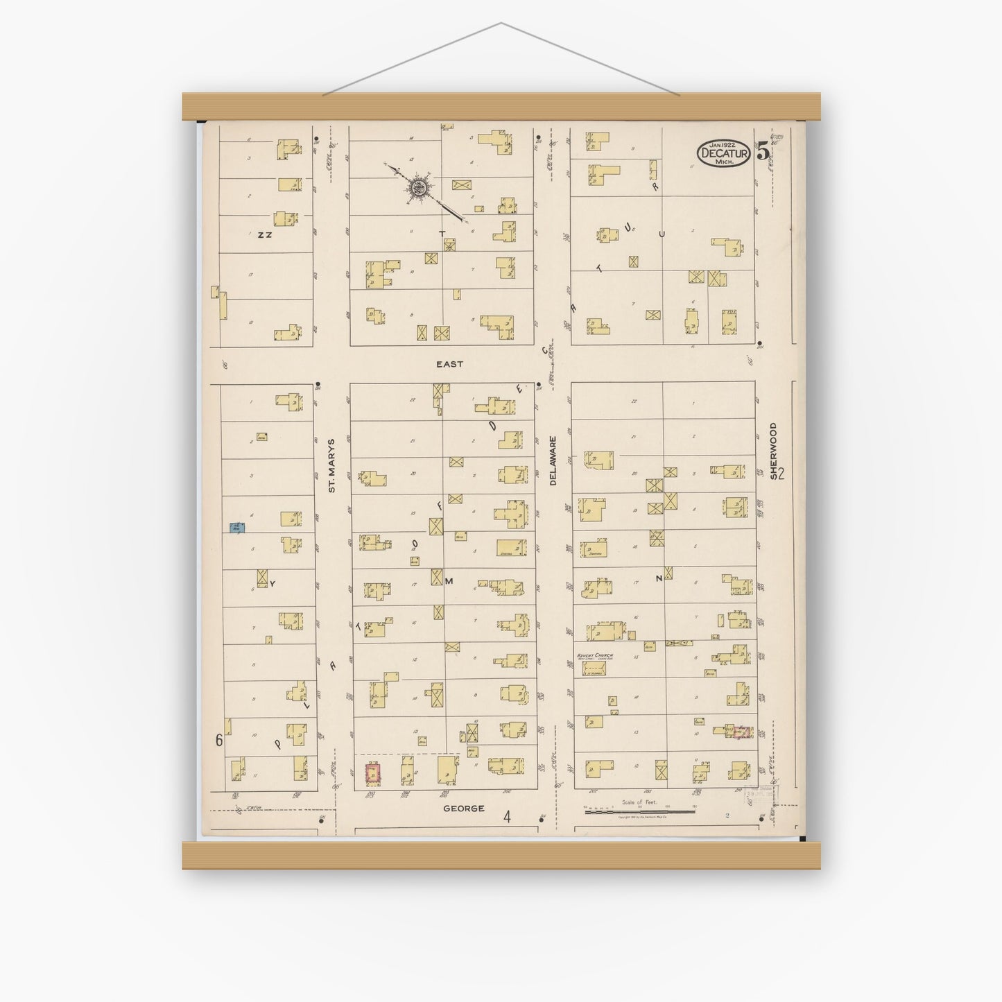 Old map wall art mockup — magnetic wood frame on white wall — Sanborn Fire Insurance Map from Decatur, Van Buren County, Michigan (1922), Sheet #0005