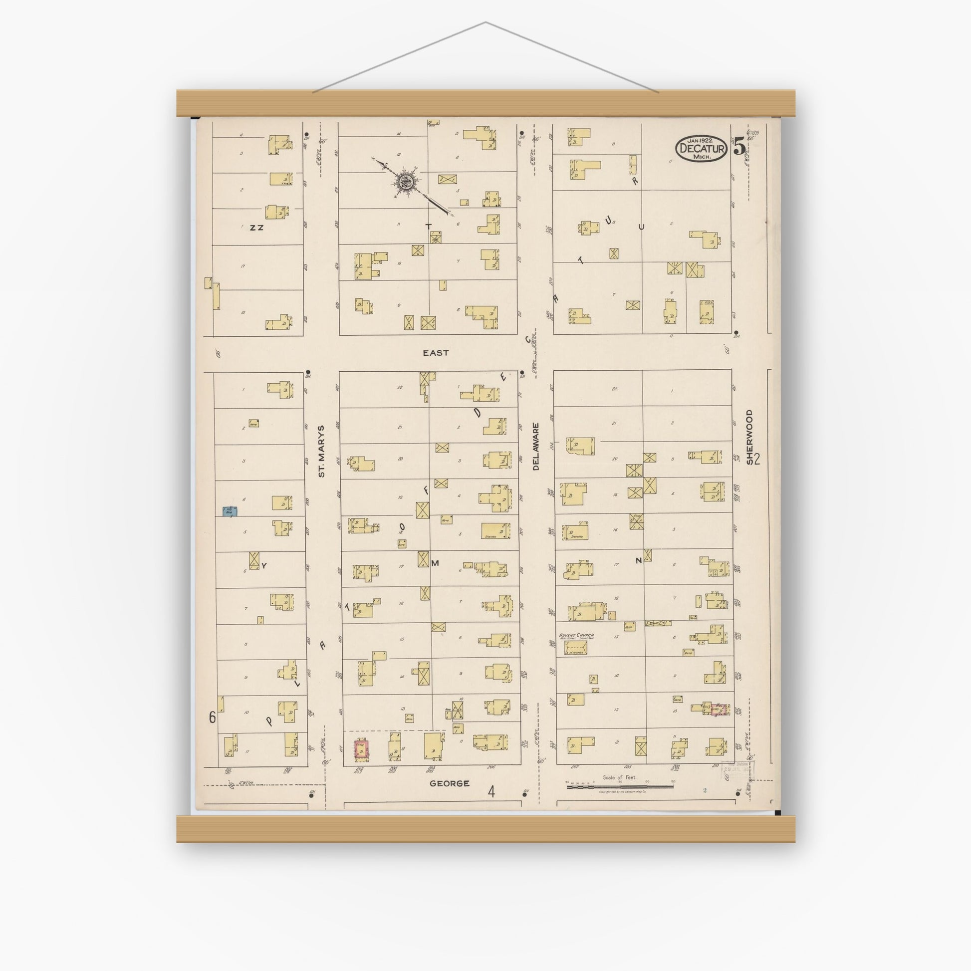 Old map wall art mockup — magnetic wood frame on white wall — Sanborn Fire Insurance Map from Decatur, Van Buren County, Michigan (1922), Sheet #0005