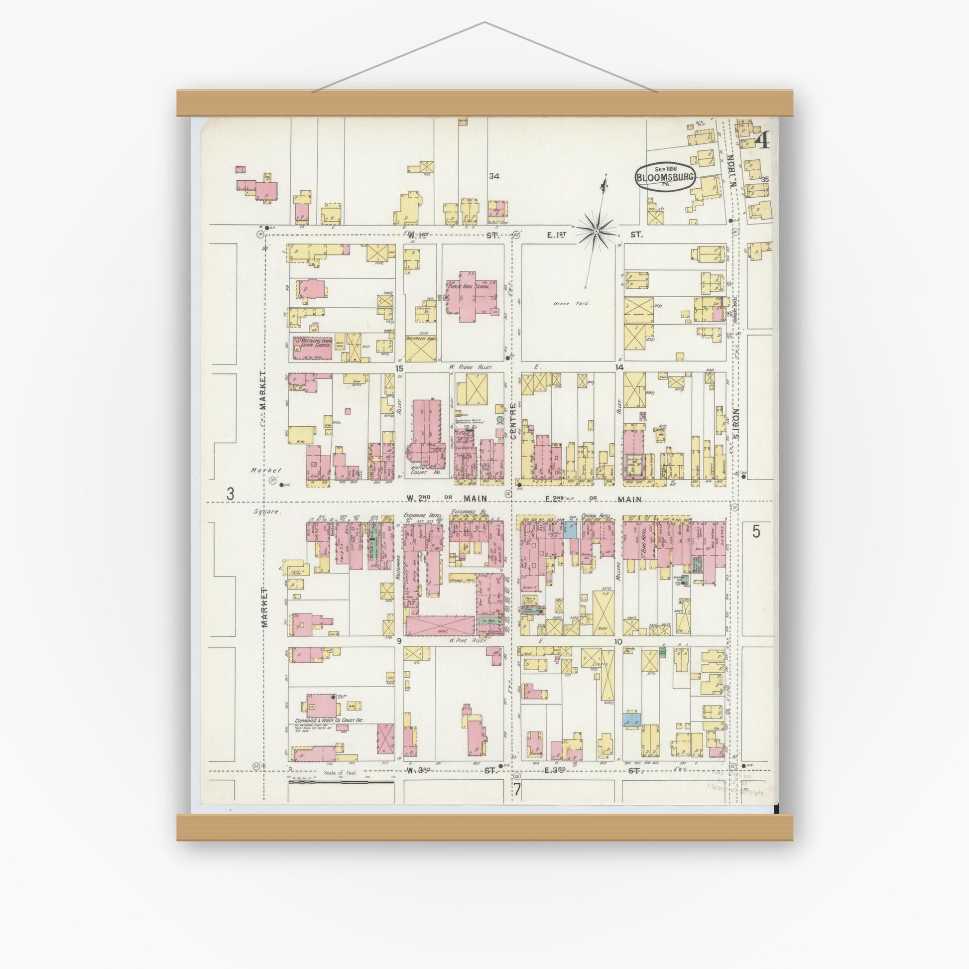 Old map wall art mockup — magnetic wood frame on white wall — Sanborn Fire Insurance Map from Bloomsburg, Columbia County, Pennsylvania (1896), Sheet #0004