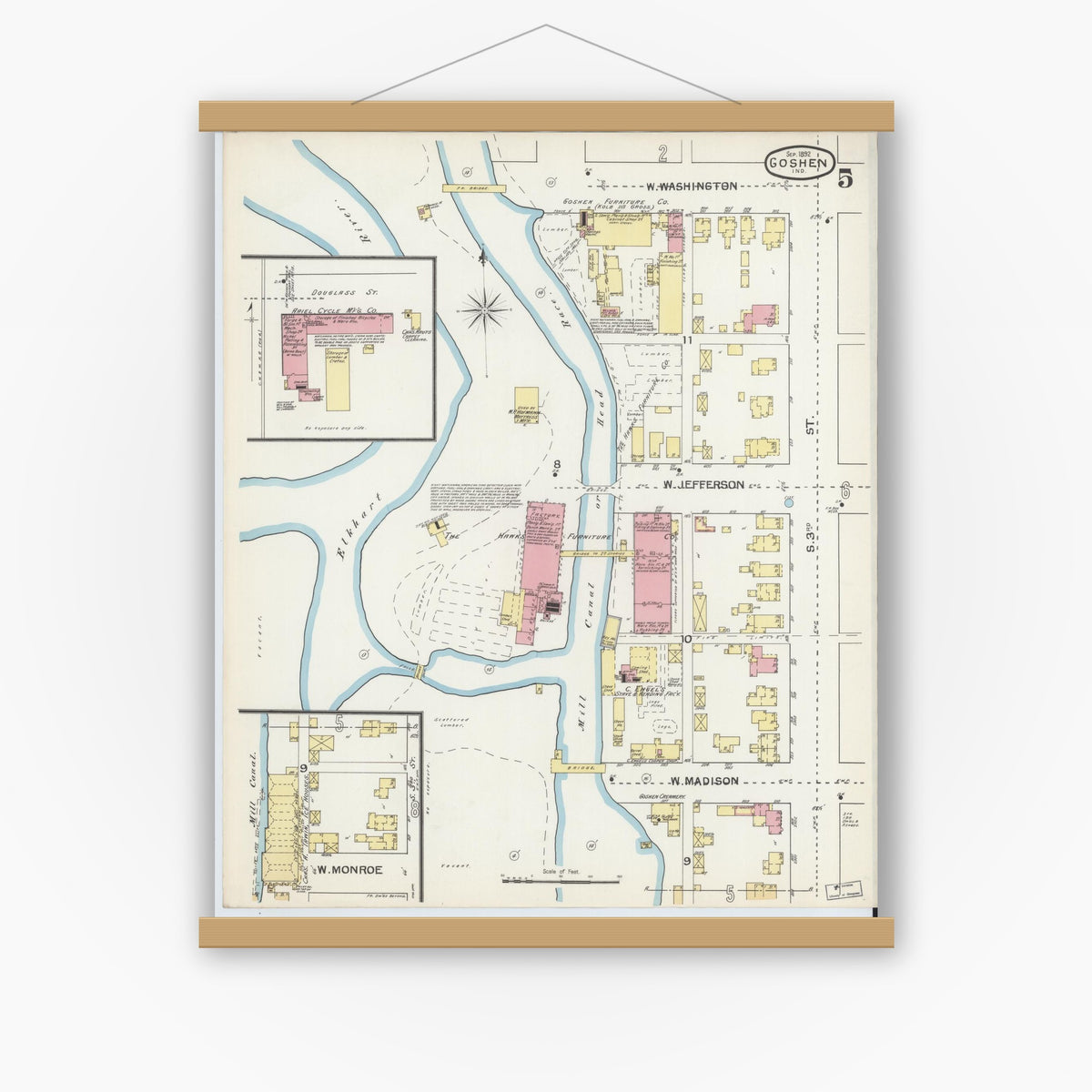 Old map wall art mockup — magnetic wood frame on white wall — Sanborn Fire Insurance Map from Goshen, Elkhart County, Indiana (1892), Sheet #0005