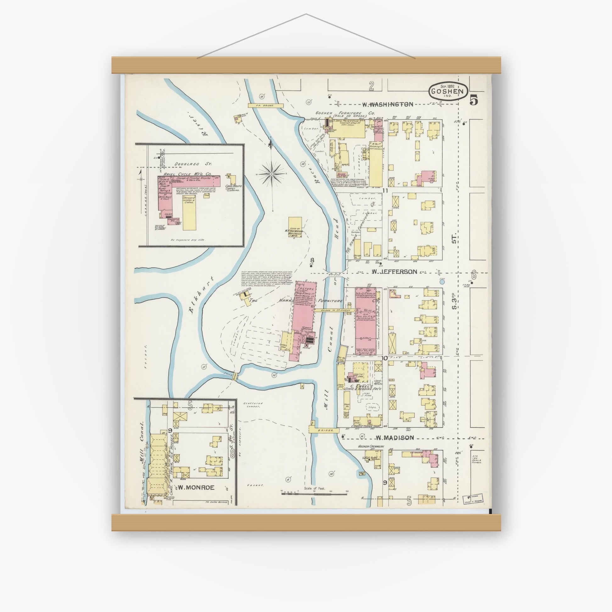 Old map wall art mockup — magnetic wood frame on white wall — Sanborn Fire Insurance Map from Goshen, Elkhart County, Indiana (1892), Sheet #0005