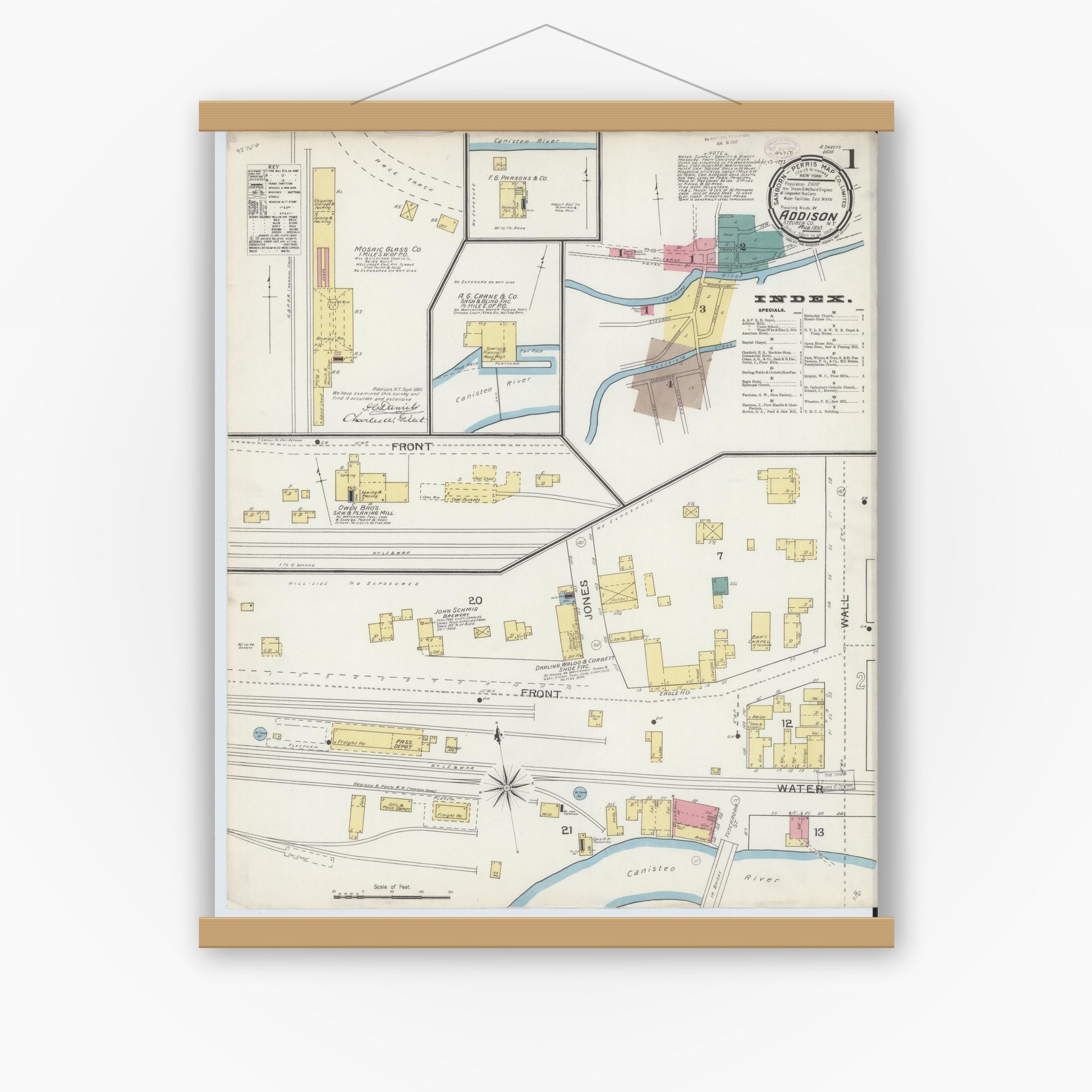 Old map wall art mockup — magnetic wood frame on white wall — Sanborn Fire Insurance Map from Addison, Steuben County, New York (1893), Sheet #0001