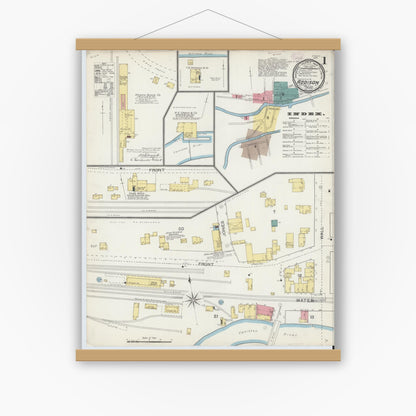Old map wall art mockup — magnetic wood frame on white wall — Sanborn Fire Insurance Map from Addison, Steuben County, New York (1893), Sheet #0001