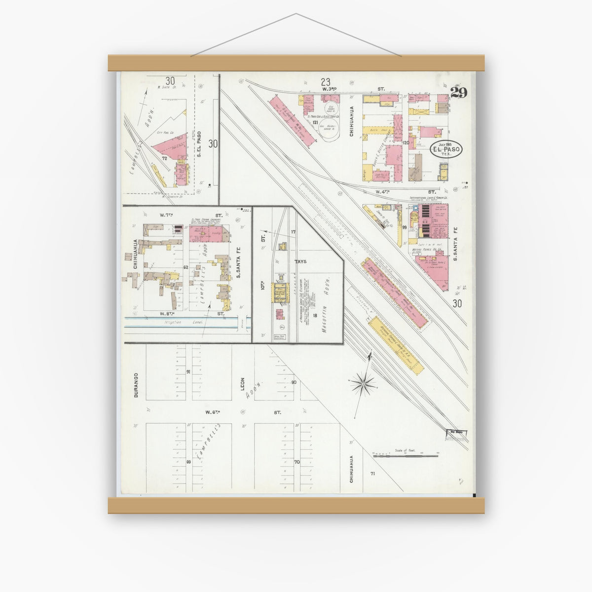 Old map wall art mockup — magnetic wood frame on white wall — Sanborn Fire Insurance Map from El Paso, El Paso County, Texas (1905), Sheet #0029