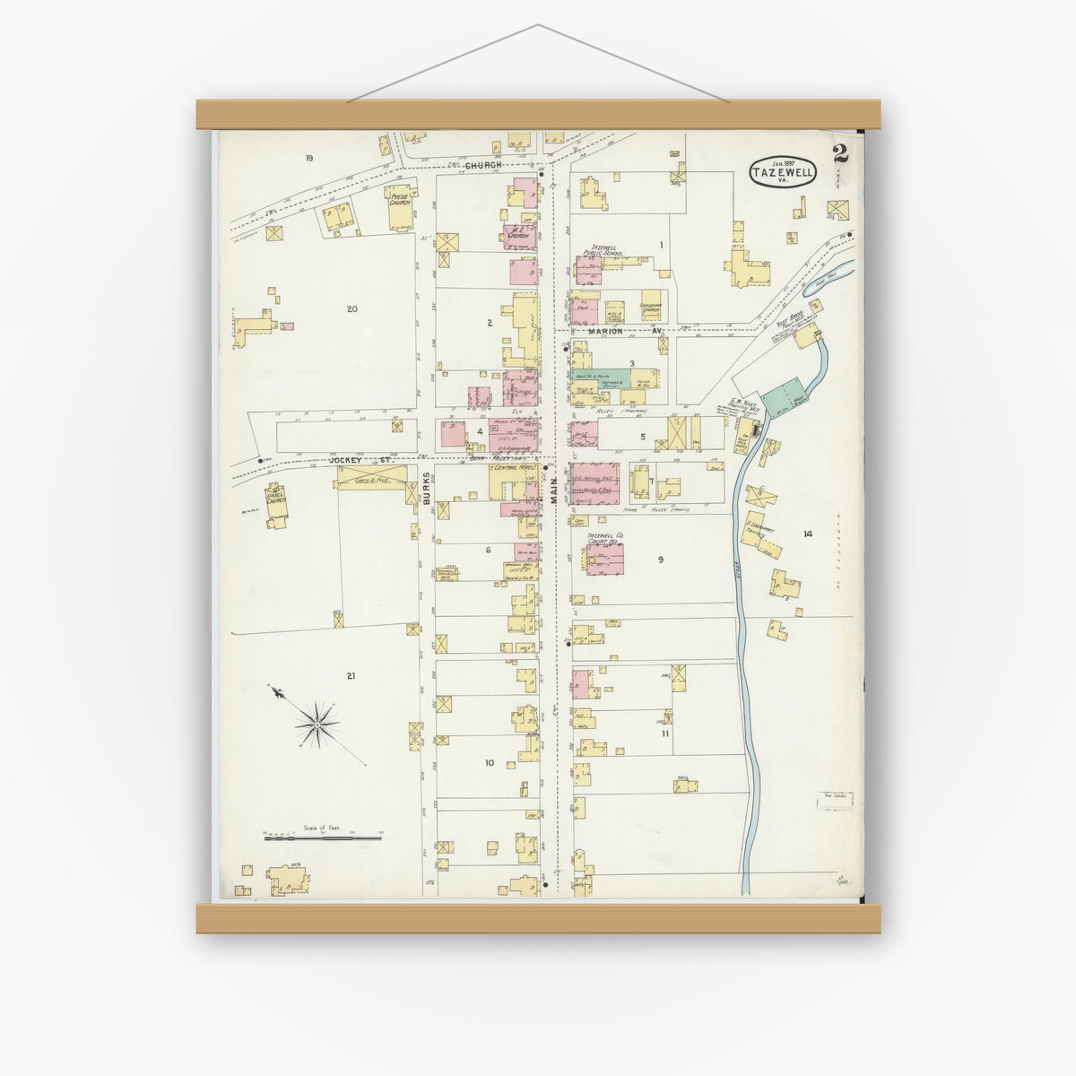 Old map wall art mockup — magnetic wood frame on white wall — Sanborn Fire Insurance Map from Tazewell, Tazewell County, Virginia (1897), Sheet #0002