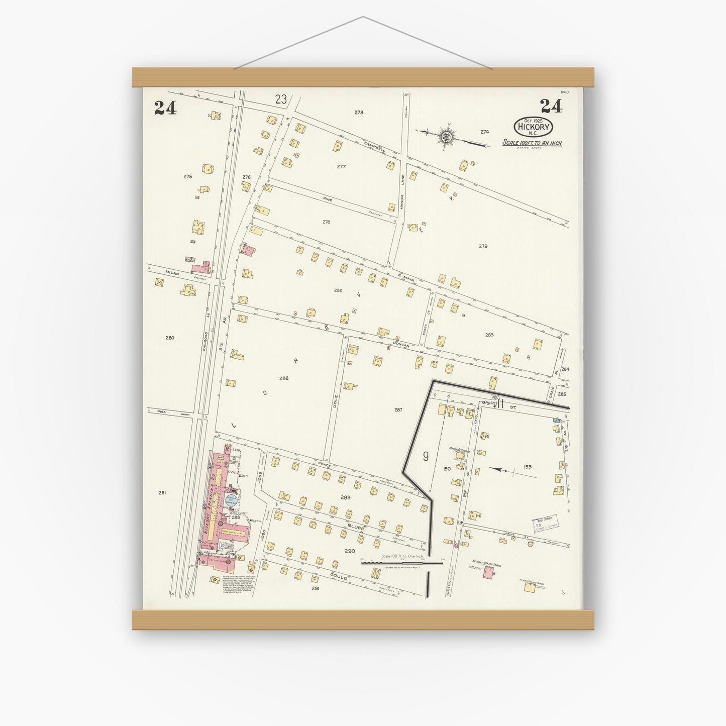Old map wall art mockup — magnetic wood frame on white wall — Sanborn Fire Insurance Map from Hickory, Catawba County, North Carolina (1925), Sheet #0024