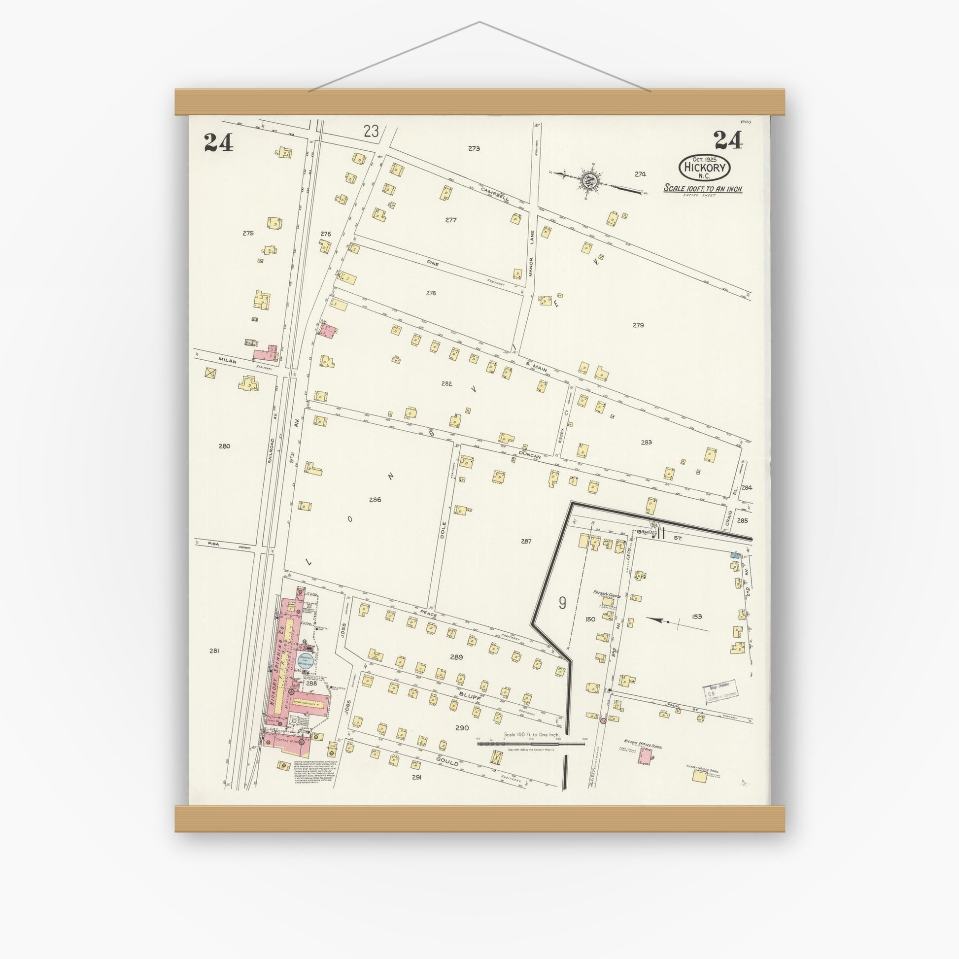 Old map wall art mockup — magnetic wood frame on white wall — Sanborn Fire Insurance Map from Hickory, Catawba County, North Carolina (1925), Sheet #0024