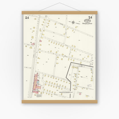 Old map wall art mockup — magnetic wood frame on white wall — Sanborn Fire Insurance Map from Hickory, Catawba County, North Carolina (1925), Sheet #0024