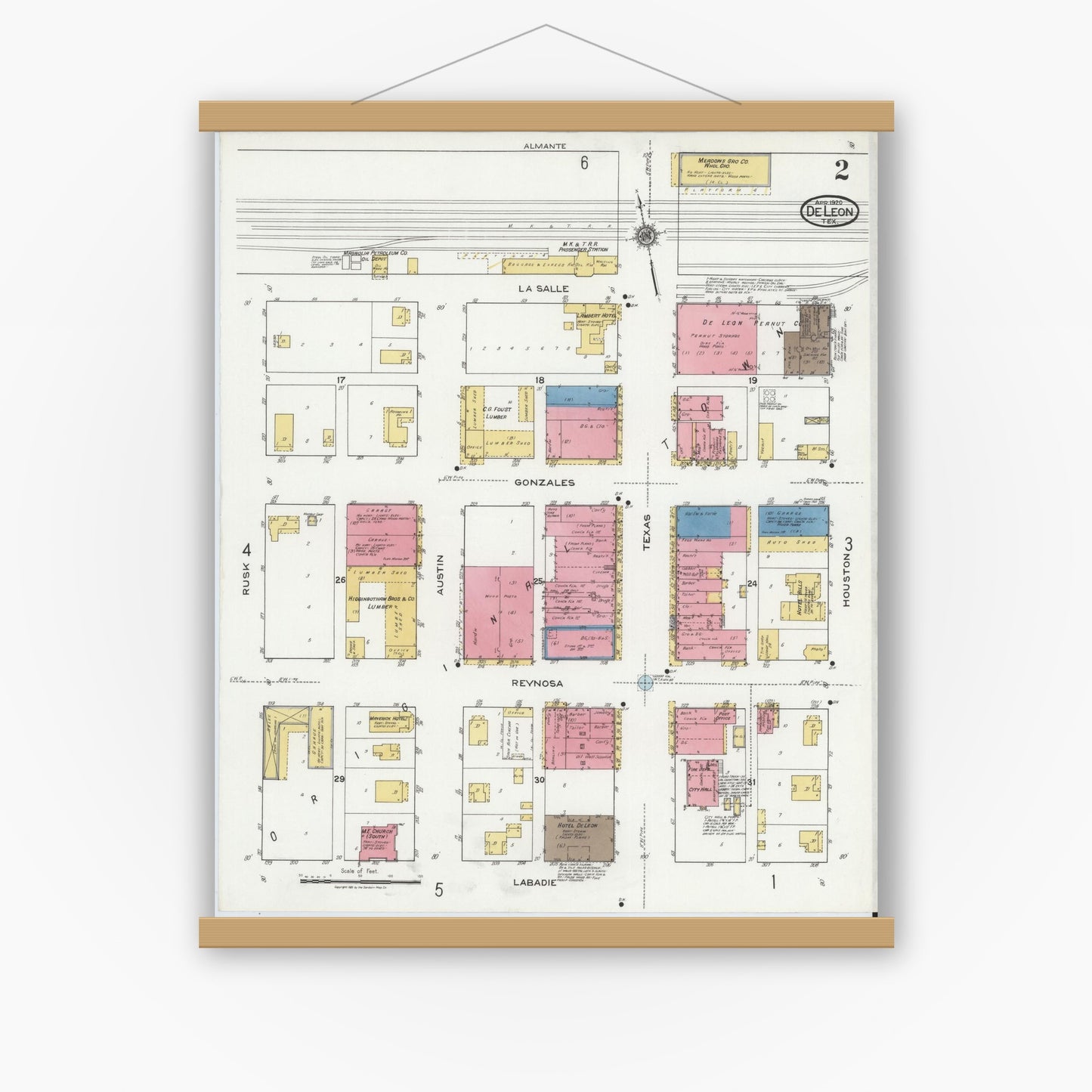 Old map wall art mockup — magnetic wood frame on white wall — Sanborn Fire Insurance Map from De Leon, Comanche County, Texas (1920), Sheet #0002