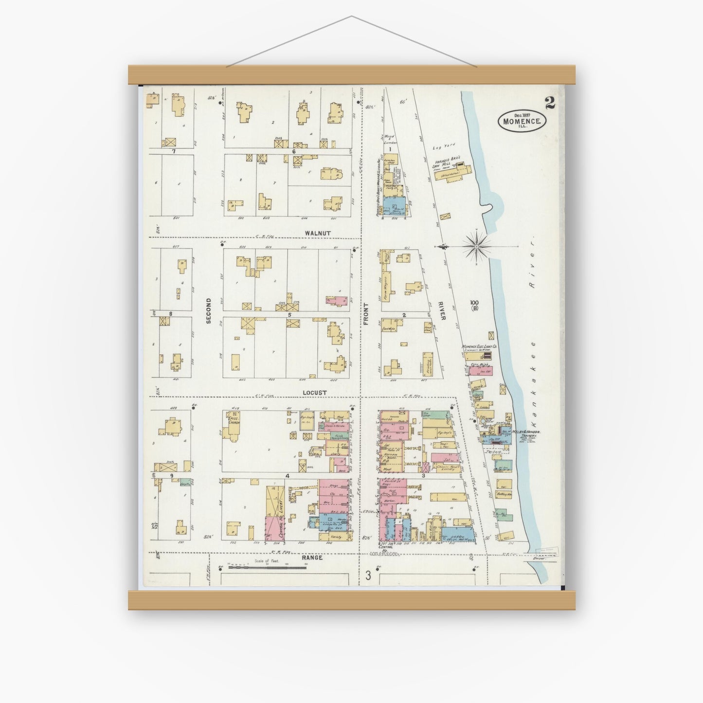 Old map wall art mockup — magnetic wood frame on white wall — Sanborn Fire Insurance Map from Momence, Kankakee County, Illinois (1897), Sheet #0002
