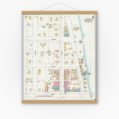 Old map wall art mockup — magnetic wood frame on white wall — Sanborn Fire Insurance Map from Momence, Kankakee County, Illinois (1897), Sheet #0002