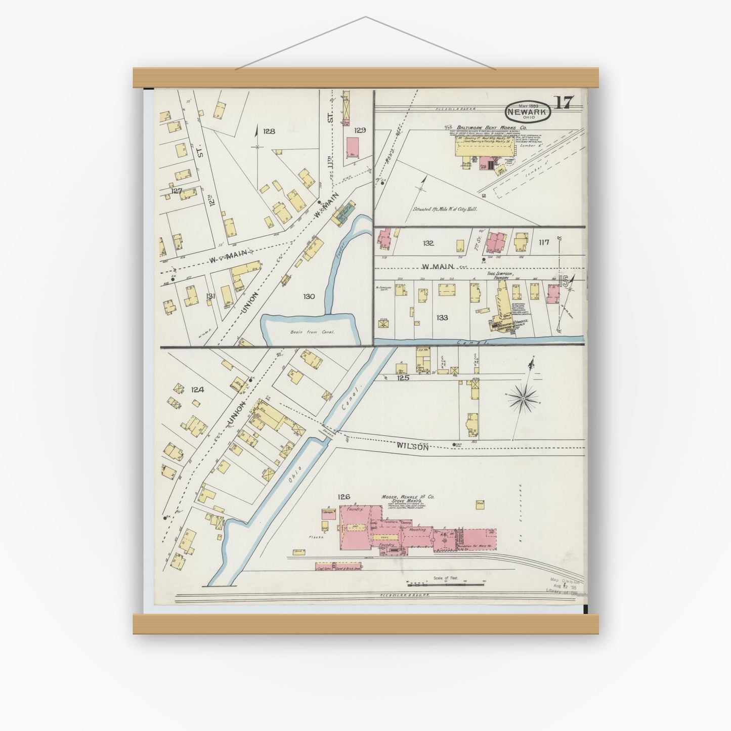 Old map wall art mockup — magnetic wood frame on white wall — Sanborn Fire Insurance Map from Newark, Licking County, Ohio (1893), Sheet #0017