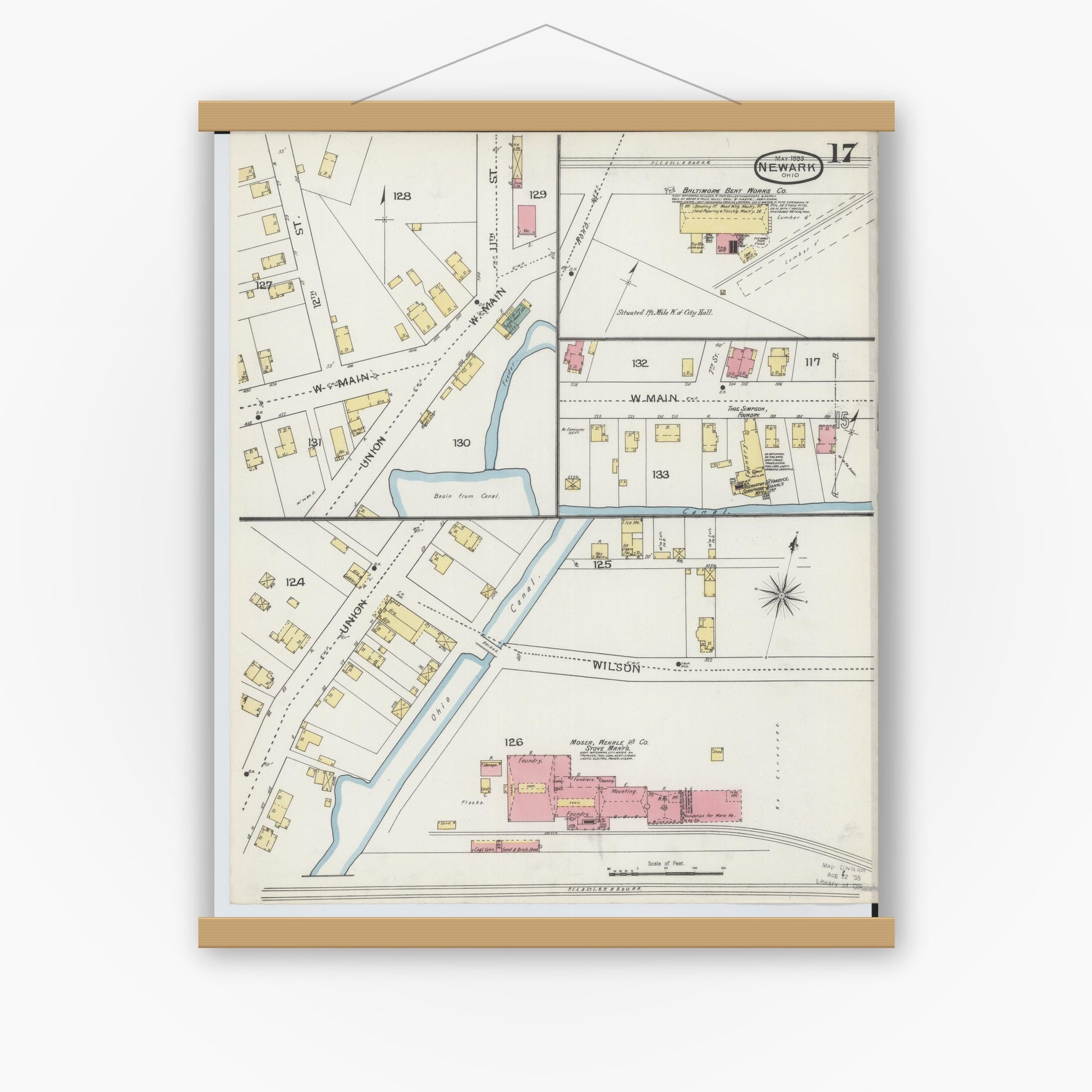 Old map wall art mockup — magnetic wood frame on white wall — Sanborn Fire Insurance Map from Newark, Licking County, Ohio (1893), Sheet #0017