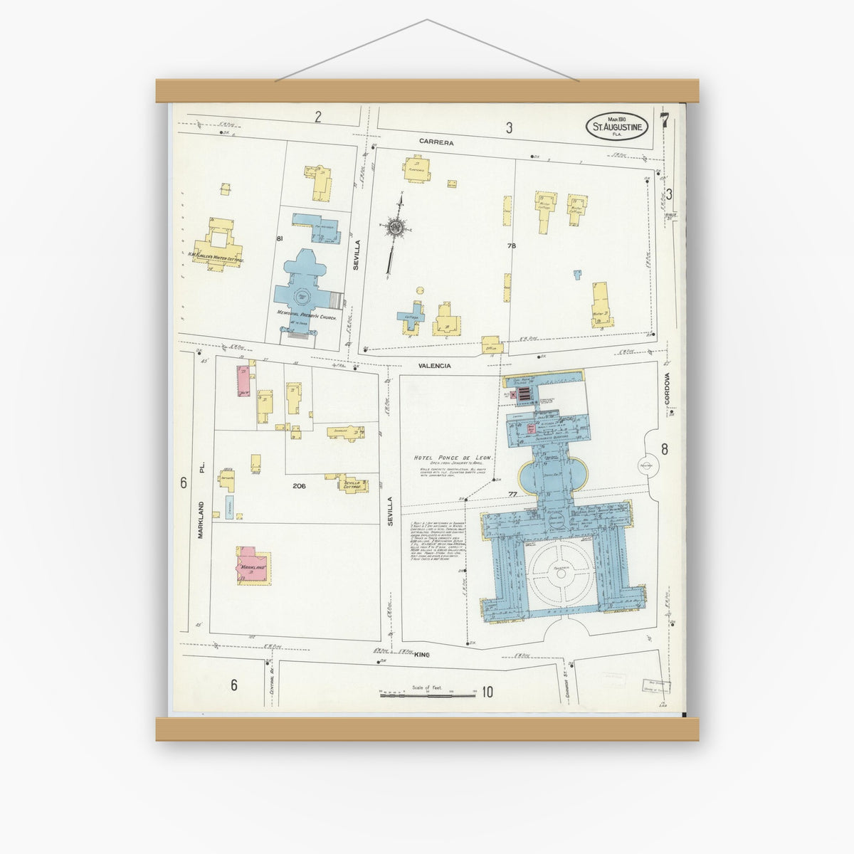 Old map wall art mockup — magnetic wood frame on white wall — Sanborn Fire Insurance Map from Saint Augustine, Saint John's County, Florida (1910), Sheet #0007