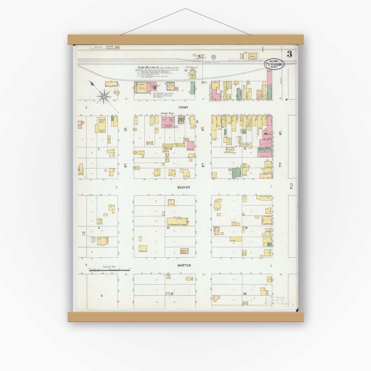 Old map wall art mockup — magnetic wood frame on white wall — Sanborn Fire Insurance Map from Perham, Otter Tail County, Minnesota (1899), Sheet #0003