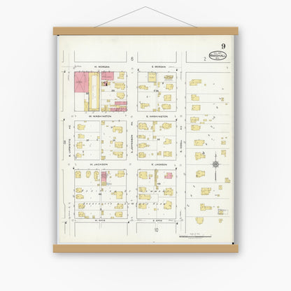 Old map wall art mockup — magnetic wood frame on white wall — Sanborn Fire Insurance Map from Marshall, Saline County, Missouri (1917), Sheet #0009