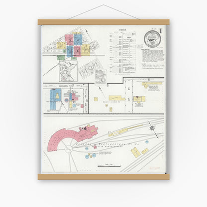 Old map wall art mockup — magnetic wood frame on white wall — Sanborn Fire Insurance Map from Tracy, Lyon County, Minnesota (1917), Sheet #0001