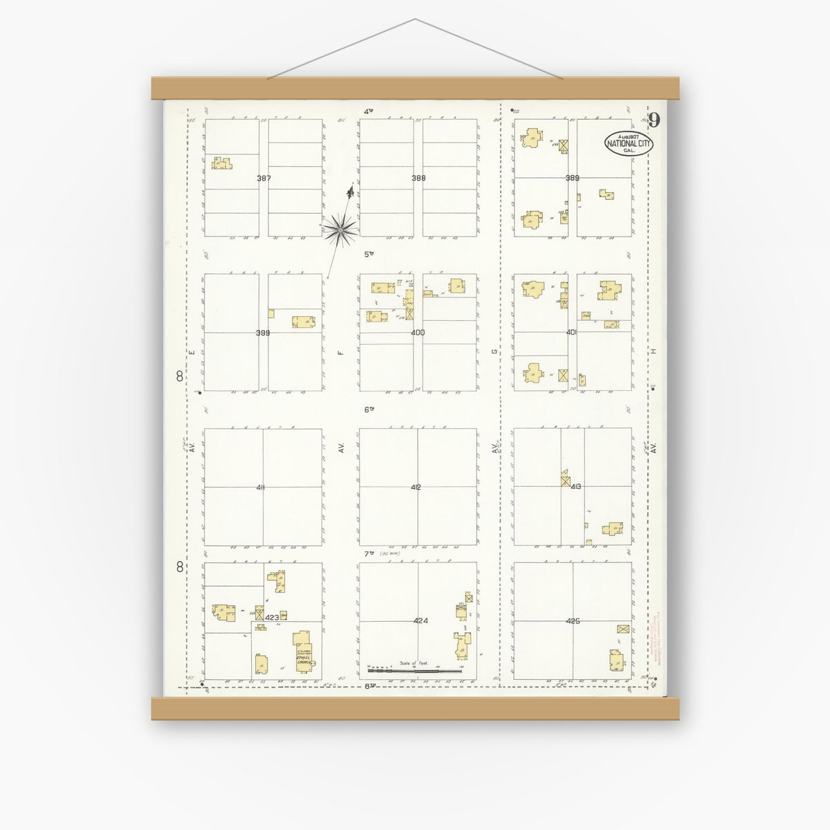 Old map wall art mockup — magnetic wood frame on white wall — Sanborn Fire Insurance Map from National City, San Diego County, California (1907), Sheet #0009