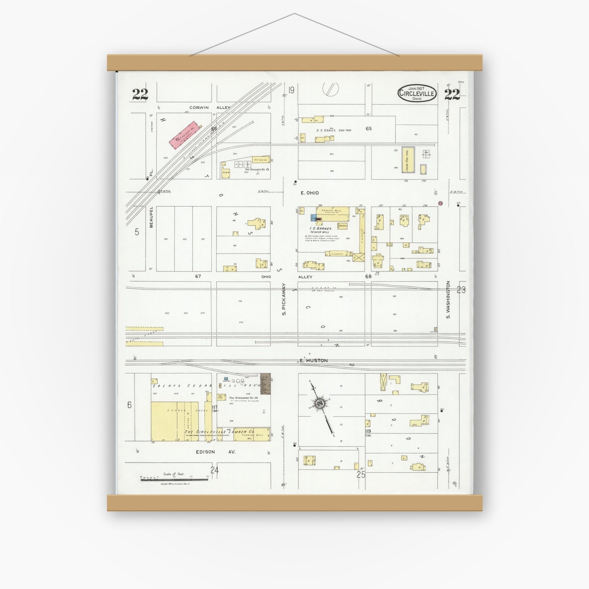 Old map wall art mockup — magnetic wood frame on white wall — Sanborn Fire Insurance Map from Circleville, Pickaway County, Ohio (1927), Sheet #0022