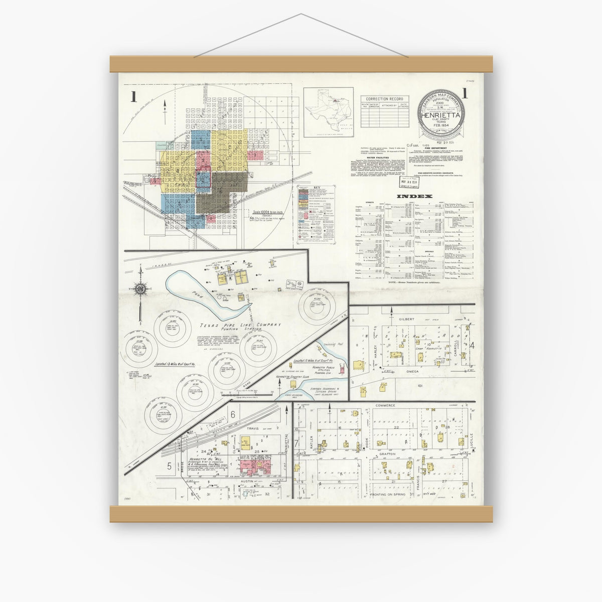 Old map wall art mockup — magnetic wood frame on white wall — Sanborn Fire Insurance Map from Henrietta, Clay County, Texas (1934), Sheet #0001