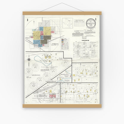 Old map wall art mockup — magnetic wood frame on white wall — Sanborn Fire Insurance Map from Henrietta, Clay County, Texas (1934), Sheet #0001