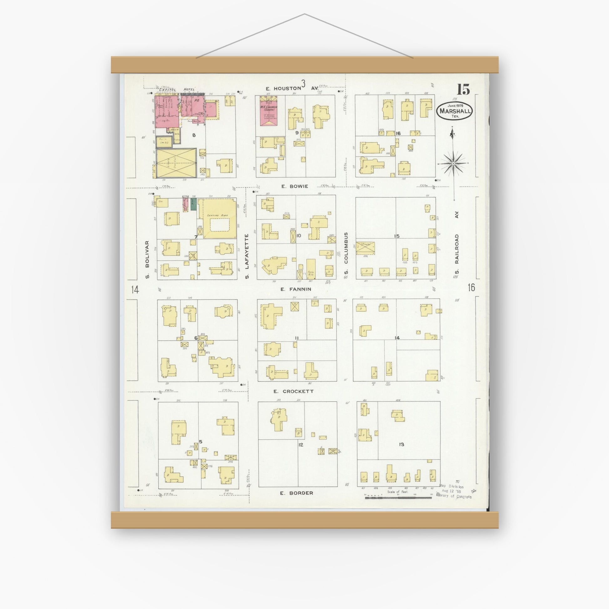Old map wall art mockup — magnetic wood frame on white wall — Sanborn Fire Insurance Map from Marshall, Harrison County, Texas (1909), Sheet #0015