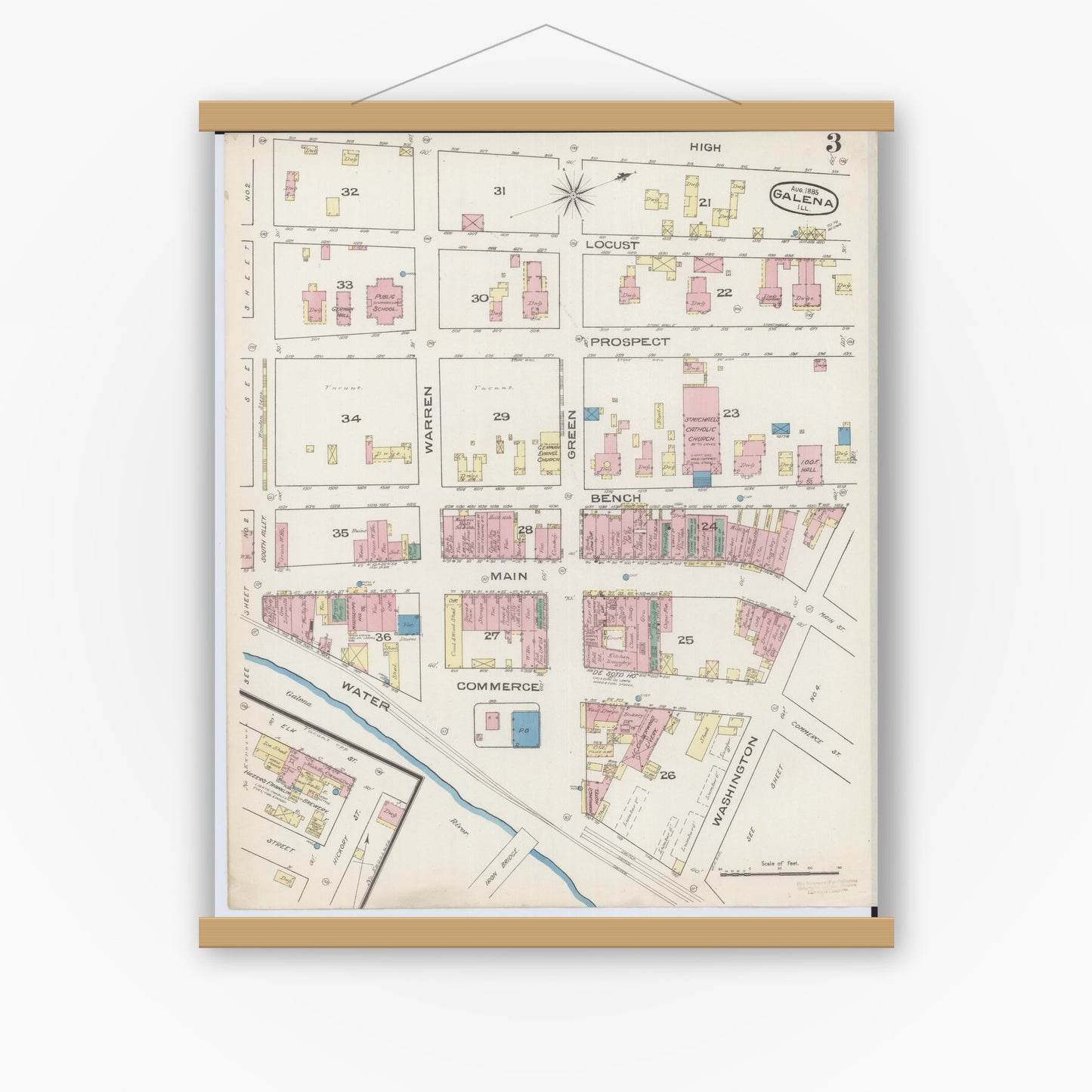 Old map wall art mockup — magnetic wood frame on white wall — Sanborn Fire Insurance Map from Galena, Jo Daviess County, Illinois (1885), Sheet #0003