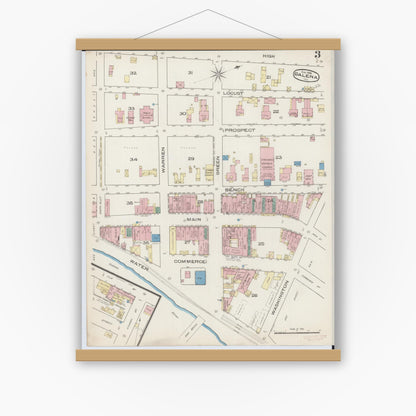 Old map wall art mockup — magnetic wood frame on white wall — Sanborn Fire Insurance Map from Galena, Jo Daviess County, Illinois (1885), Sheet #0003